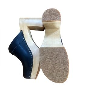 Swedish Hasbeens Black Leather Clog Mules with Natural Wood Platform